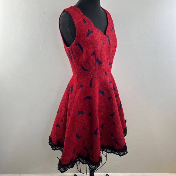 ALBERTO MAKALI Jacquard Fit & Flare Dress Red Blue Sleeveless Lace Trim Size 8 - Picture 6 of 12
